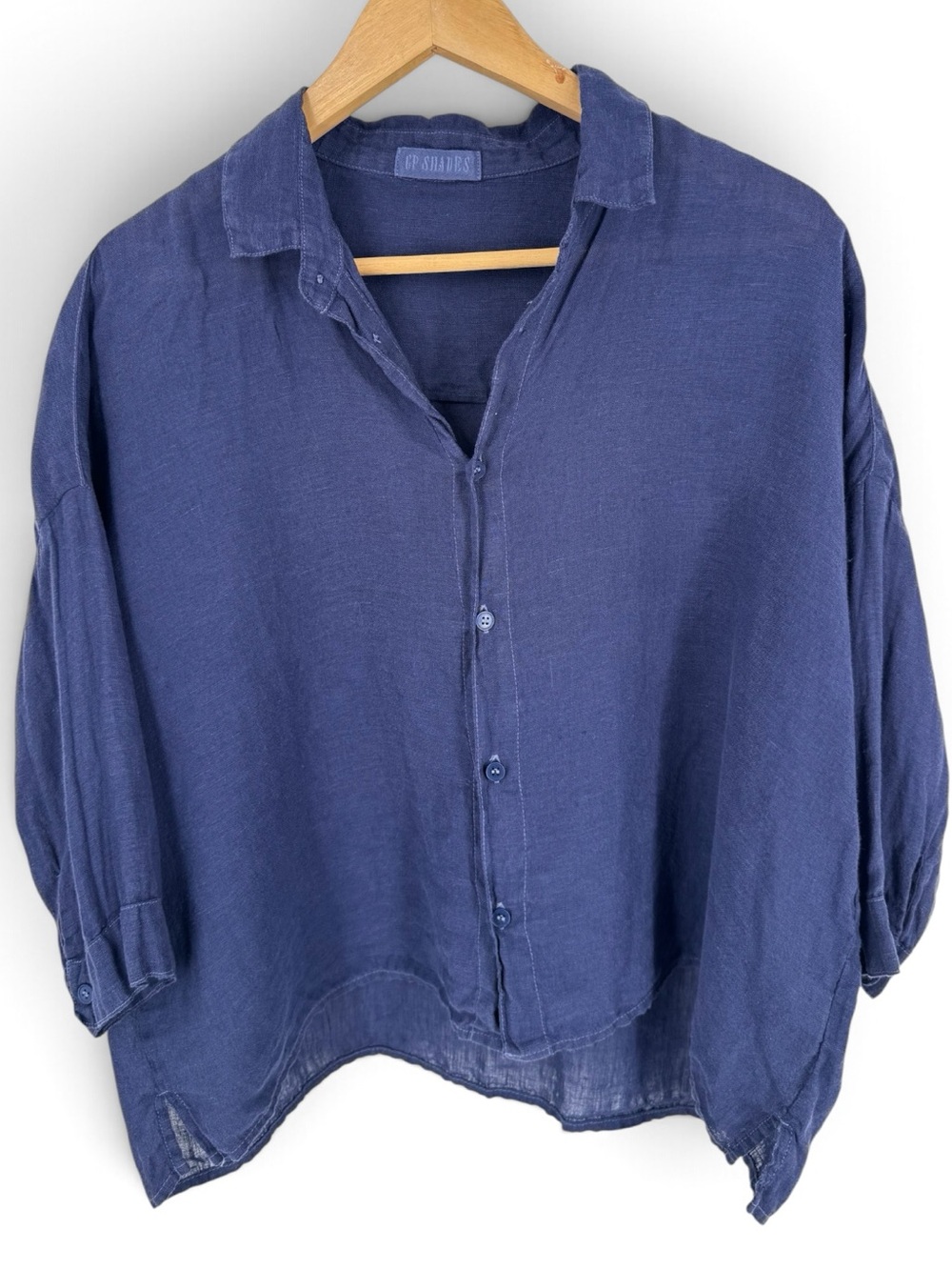 CP Shades 100% Linen Women’s Top Navy Blue Button Up Boxy 3/4 Sleeve Coastal